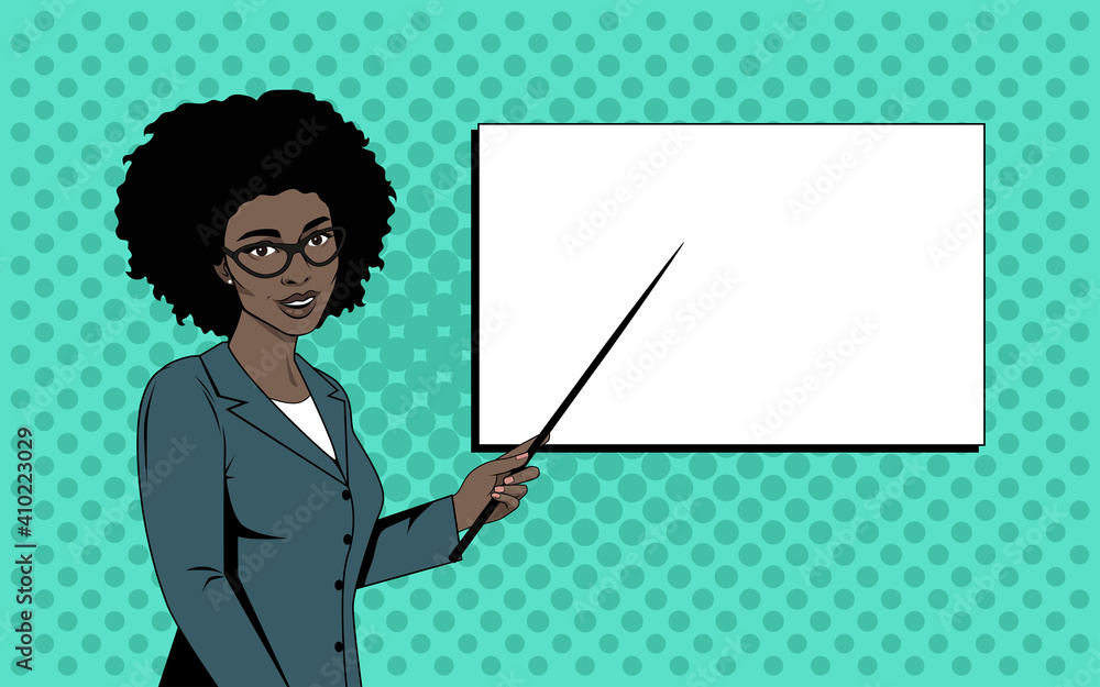 Pop art African-American business woman with a pointer and a poster. Vector image with place for ad and advertisement. Pop art African-American business woman with a pointer and a poster. Vector image with place for ad and advertisement.