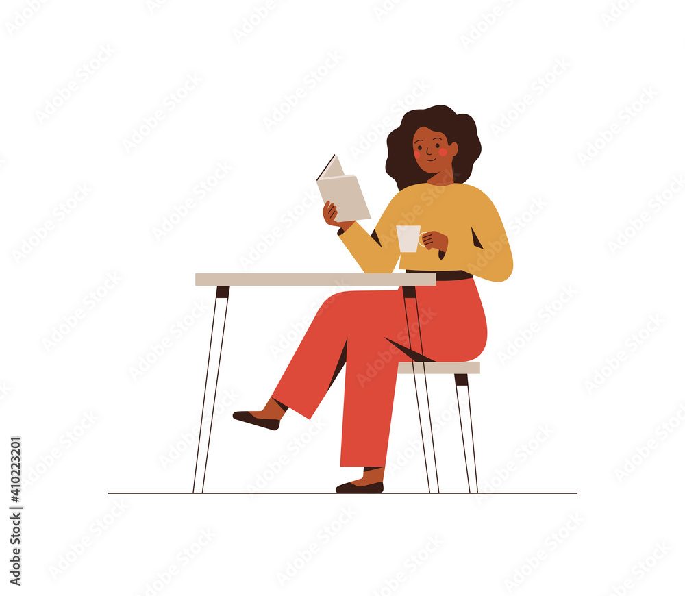 Fototapeta premium African American female sits at the table in the cafe, reads a book and drinks coffee. The black businesswoman is planning her day in the morning. Flat vector illustration isolated on white background
