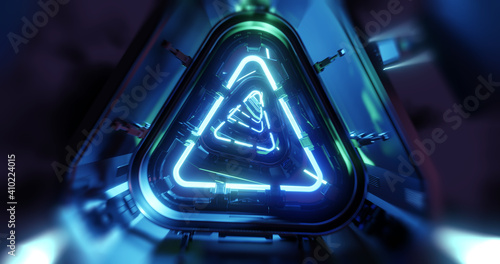 Futuristic Tech Abstract Green and Blue Neon Rollercoaster Tunnel. Cyber City glowing neon light abstract triangular shape. 3D render