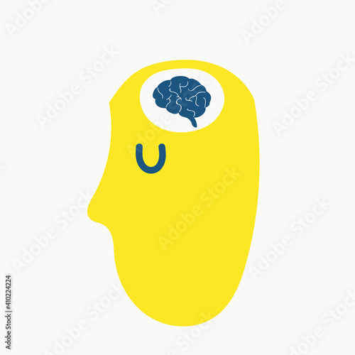 Brain in human head for mental health. People thoughts flat illustration for psychology. Isolated psycho vector on white background