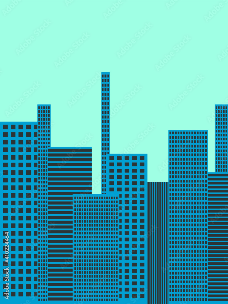 Obraz premium Vector graphics - blue rectangular modern skyscrapers with windows against the sky in a large industrial city and a space to copy.