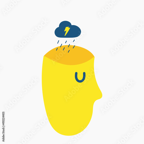 Human head with sad thoughts and emotion. Flat illustration for mental health and psychology, Depression vector and storm cloud
