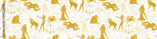 Seamless pattern - signs of the zodiac. Gold illustration of astrological signs on a bright background. Magical illustrations of women and animals. Yellow pattern