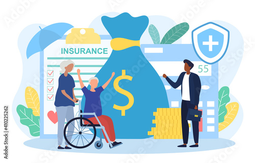 Elderly woman is getting money compensation recovery by medical healthcare insurance. Happy old woman in wheelchair gets her medical bills covered by insurance. Flat cartoon vector illustration