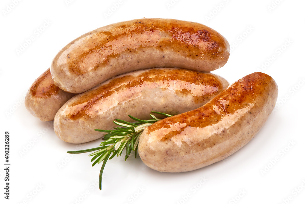 Grilled Sausages, close-up, isolated on white background Grilled Sausages, close-up, isolated on white background