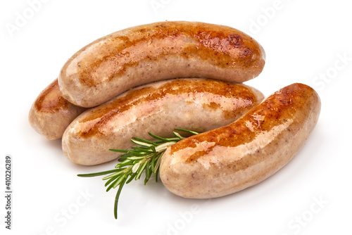 Grilled Sausages, close-up, isolated on white background