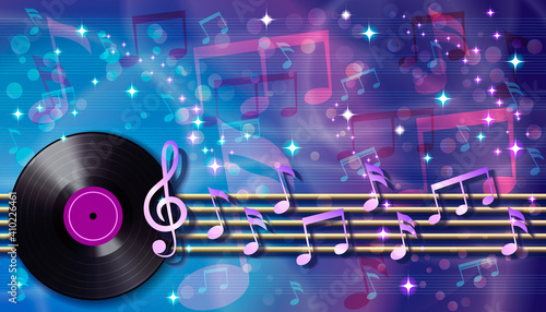 Abstract musical background with random notes on the musical staff and retro vinyl record.