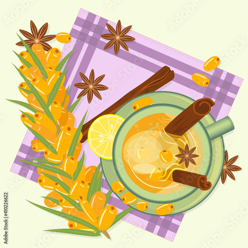 A cup of sea buckthorn tea with a bunch of berries, star anise, lemon and cinnamon sticks. Composition with a drink on a linen napkin, top view. Vector illustration in the flat style.
