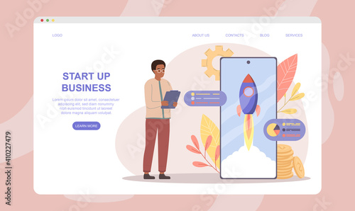 Male character is analysing data at the launch of a new startup. Man is standing next to smartphone with rocket on screen. Website, web page, landing page template. Flat cartoon vector illustration