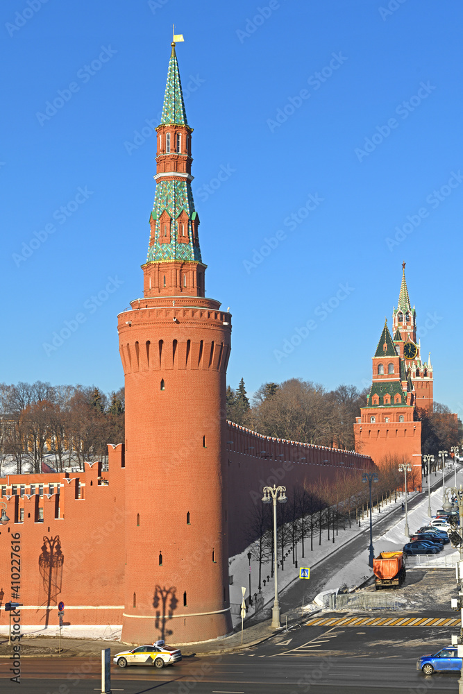 Towers of Moscow Kremlin: Spasskaya Tower, Tsarskaya Tower, Konstantino-Eleninskaya Tower and Beklemishevskaya Tower
