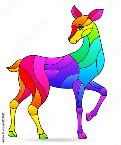 A stained glass illustration with an abstract rainbow deer, the animal isolated on a white background © Zagory