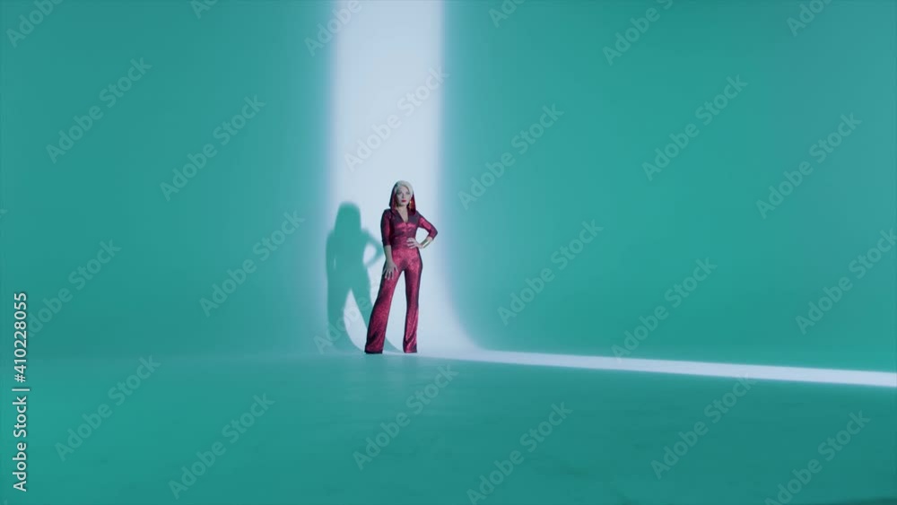 blonde in a red suit on a green background blonde in a red suit on a green background