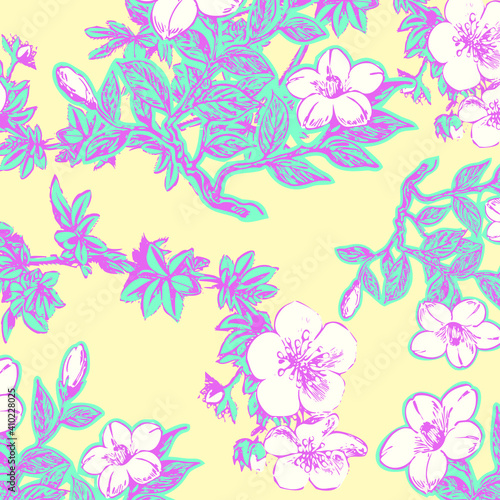 Floral seamless pattern. Hand drawn. For textile, wallpapers, print, wrapping paper. Vector stock illustration.