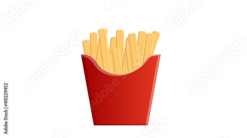 fried potatoes on a white background, illustration. French fries in a red cardboard bag. fast food food, quick snack with sauce. hearty lunch. vegetarian food