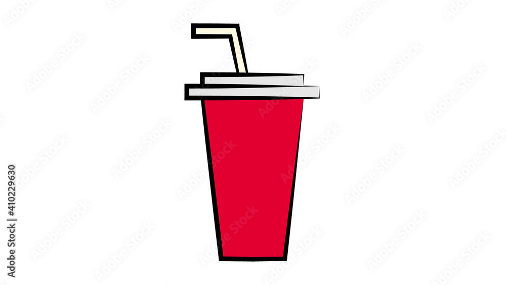coffee in a glass with a straw, on a white background,  illustration. red cardboard glass with a white lid. glass for drinks, hot drink on the go. morning coffee instead of breakfast