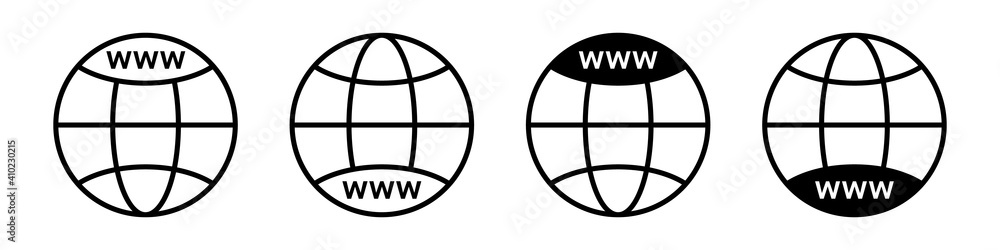 WWW icon. Set of vector earth globes icons. Website icon. Go to web symbol vector icon. Vector illustration icon in flat style. WWW icon. Set of vector earth globes icons. Website icon. Go to web symbol vector icon. Vector illustration icon in flat style.