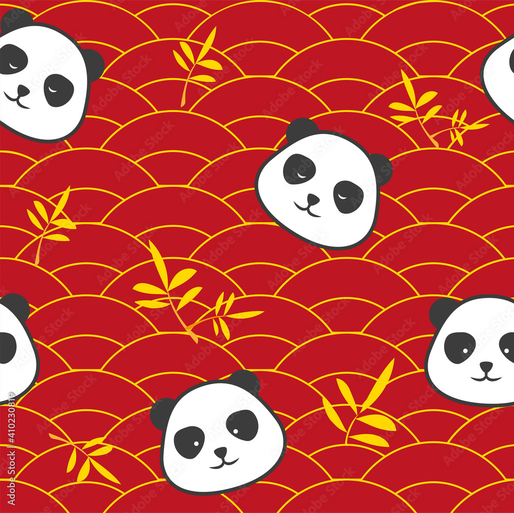 Panda vector. Cute happy panda face illustration. Red and gold chinese style background. Panda vector. Cute happy panda face illustration. Red and gold chinese style background.