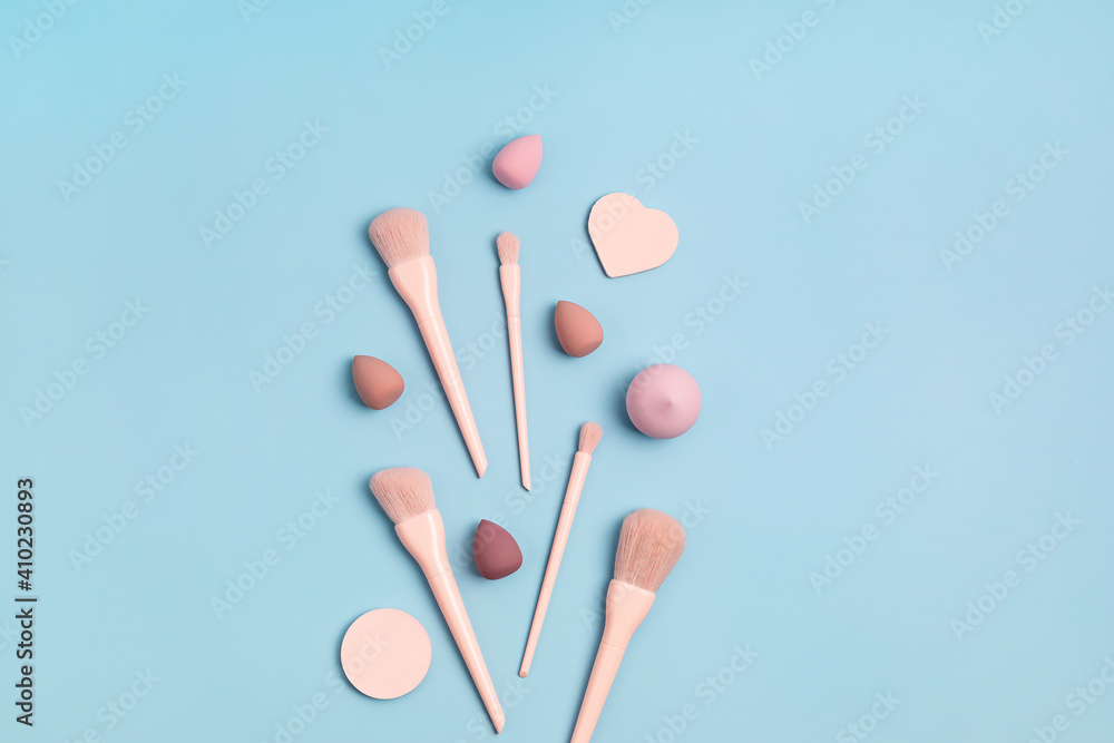 Set of pink make up brushes and beauty cosmetic products Set of pink make up brushes and beauty cosmetic products