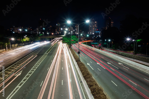 freeway in Sao Paulo city at night, long exposure, light trails. 