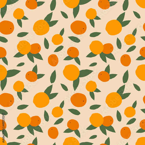 Modern seamless pattern of orange citrus flowers and fruits. Exotic design for printing on fabrics, textiles, bedding, interior decor. 