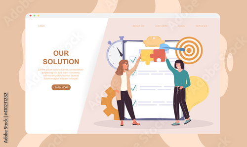 Female characters are offering their solution. Coworkers connecting puzzles and coming up with new ideas for their project. Website, web page, landing page template. Flat cartoon vector illustration