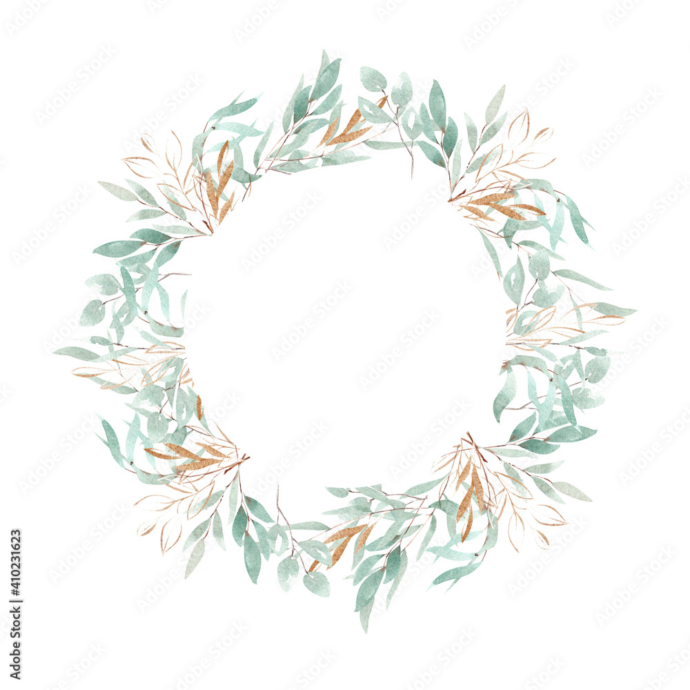 Eucalyptus leaves frame. Watercolor hand painted border on white background. Suitable for the design of invitations, greeting cards, social media posts.