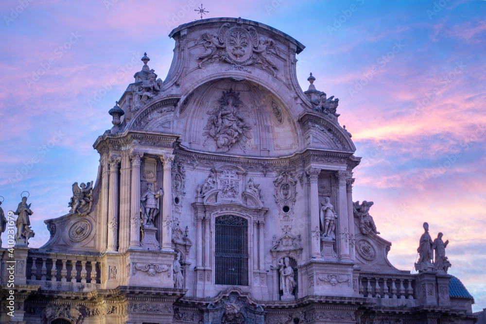 Detail of the Cathedral of Santa Maria in Murcia at sunrise. Tourism or travel to Murcia concept.