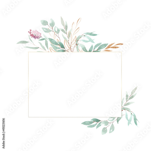 Eucalyptus leaves frame. Watercolor hand painted border on white background. Suitable for the design of invitations  greeting cards  social media posts.