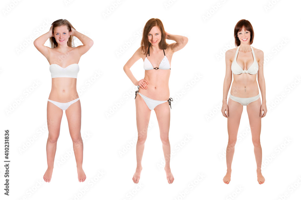 Full body portraits of three beautiful young women wearing white bikinis, isolated on white studio background Full body portraits of three beautiful young women wearing white bikinis, isolated on white studio background