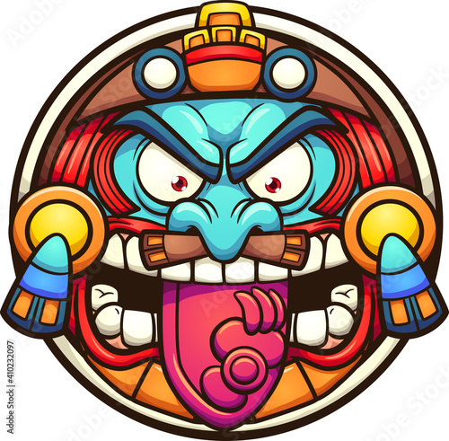Aztec sun with angry face cartoon. Vector clip art illustration with simple gradients. All on a single layer. 

