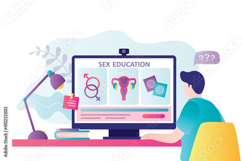 Schoolboy gets sex education online. Male character examines contraceptive measures and human genitals. Sexual health lesson for teenager