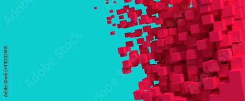 Rende tridimensional de cubo desintegrado. Diseño 3d de cubos unicolores. Ilustración minimalista y colorida