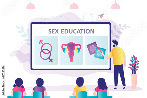 Teacher conducts sex education lesson for students. Man tells teens about contraceptive methods and gender identification