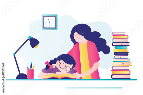 School girl sleeps at workplace. Mother wakes up daughter. Student preparing for school exams or tests