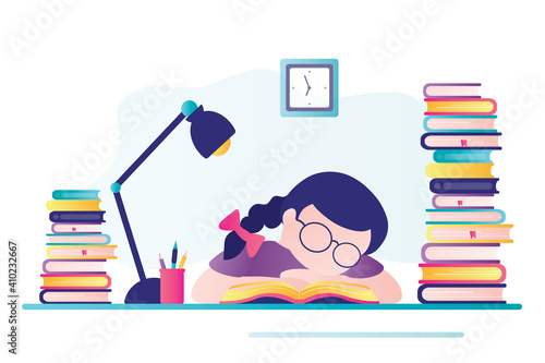 Tired student preparation for exam or test. Schoolgirl sleeps at desktop. Exhausted child does lot of homework