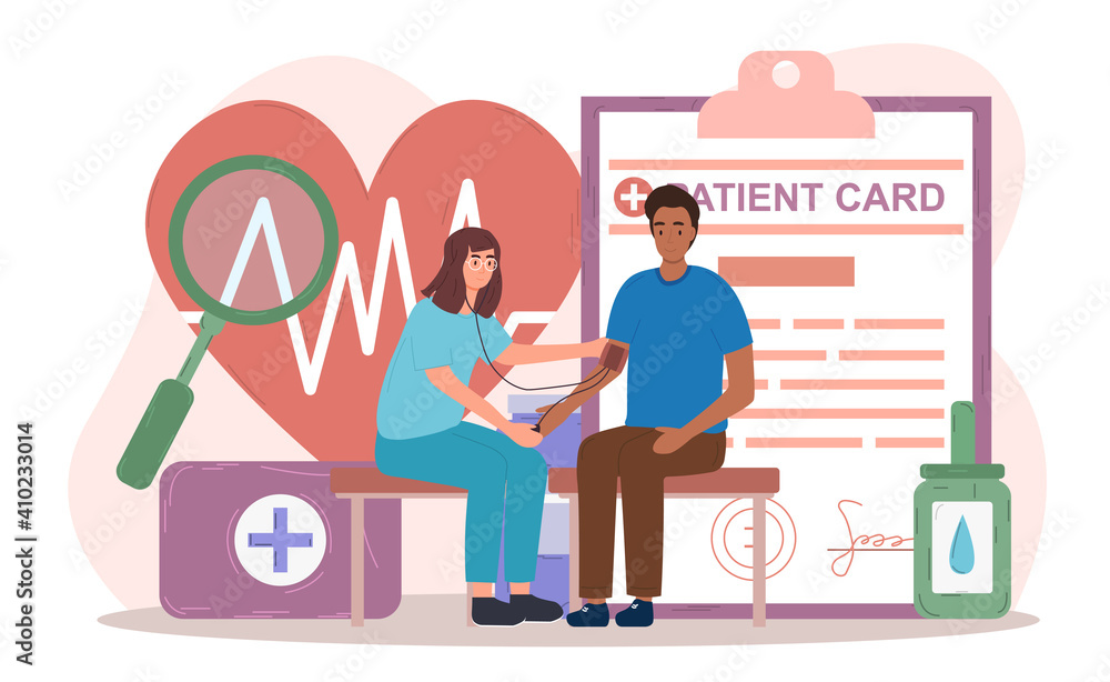 Female doctor is doing physical examination of a patient. Concept of health checkup. Male character is sitting with doctor and having his blood pressure measured. Flat carton vector illustration Female doctor is doing physical examination of a patient. Concept of health checkup. Male character is sitting with doctor and having his blood pressure measured. Flat carton vector illustration