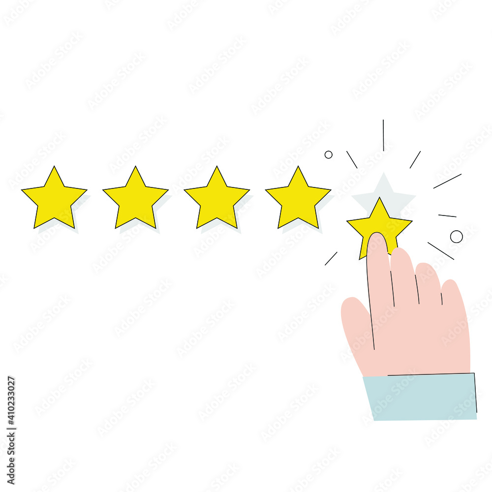5 stars. Vector isolated illustration on white background. Feedback, reputation, quality, customer review, like, concept, flat style. Person hand finger pointing five gold star rating 5 stars. Vector isolated illustration on white background. Feedback, reputation, quality, customer review, like, concept, flat style. Person hand finger pointing five gold star rating
