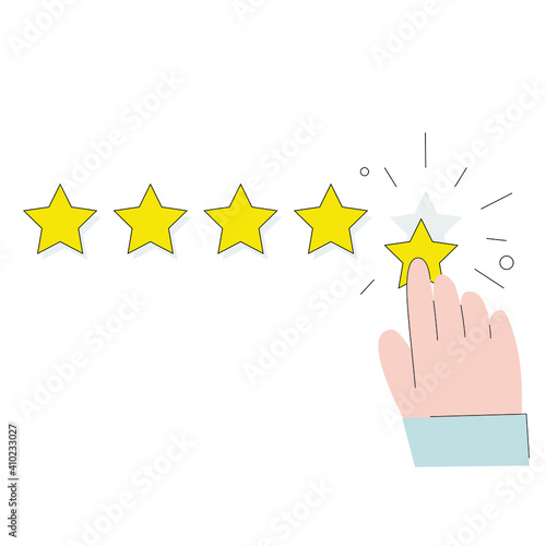5 stars. Vector isolated illustration on white background. Feedback, reputation, quality, customer review, like, concept, flat style. Person hand finger pointing five gold star rating