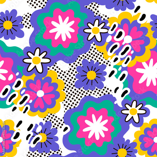 Seamless floral pattern in hippie retro style. Can be used for printing on fabric and paper and other surfaces. Seamless background pattern. 