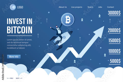 Male trader holds bitcoin. Businessman flying up on rocket. Invest in bitcoin. Fast growth of bitcoin rate, earnings on cryptocurrency.