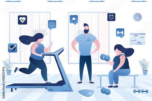 Two girls go in for sports with coach. Fitness trainer helps fat women lose weight. Chubby female character exercising with dumbbells