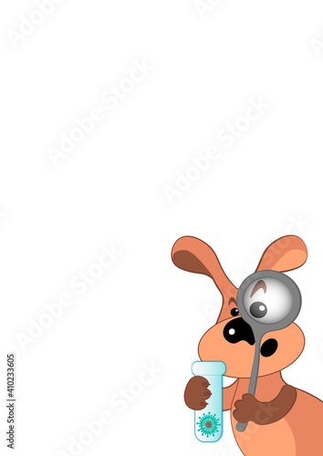 The dog looks at the virus in the magnifying glass.