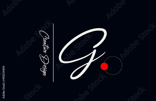 G letter alphabet logo for business. Elegant creative font for corporate identity and lettering in white and black. Company branding icon with red dot and handwritten design photo
