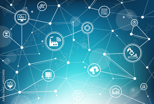 Smart factory vector illustration. Concept with connected icons related to industry 4.0, automation in engineering, machine learning and process optimization, system design, industrial iot, technology