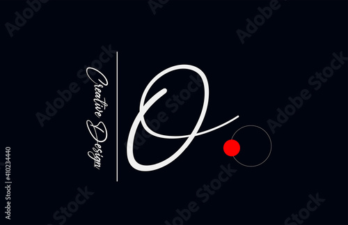 O letter alphabet logo for business. Elegant creative font for corporate identity and lettering in white and black. Company branding icon with red dot and handwritten design photo