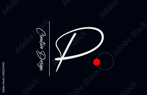 P letter alphabet logo for business. Elegant creative font for corporate identity and lettering in white and black. Company branding icon with red dot and handwritten design