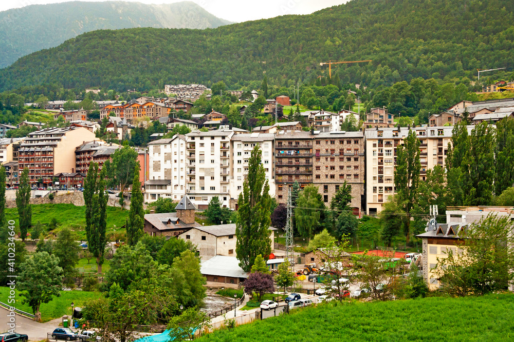 Obraz premium Andorra - La Massana - The general view of La Massana's downtown residential quarters in the narrow green Arinsal valley of Pyrenees mountains, the famous ski and summer resort