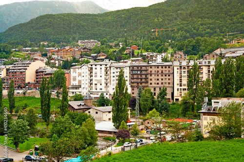 Andorra - La Massana - The general view of La Massana's downtown residential quarters in the narrow green Arinsal valley of Pyrenees mountains, the famous ski and summer resort photo