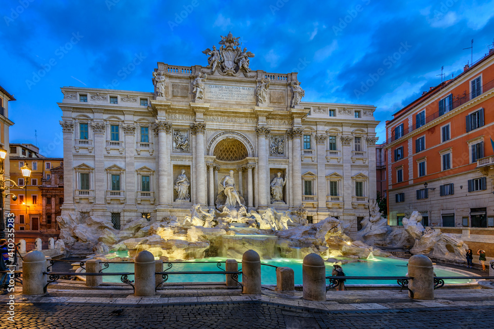 Night view of Rome Trevi Fountain (Fontana di Trevi) in Rome, Italy. Trevi is most famous fountain of Rome.