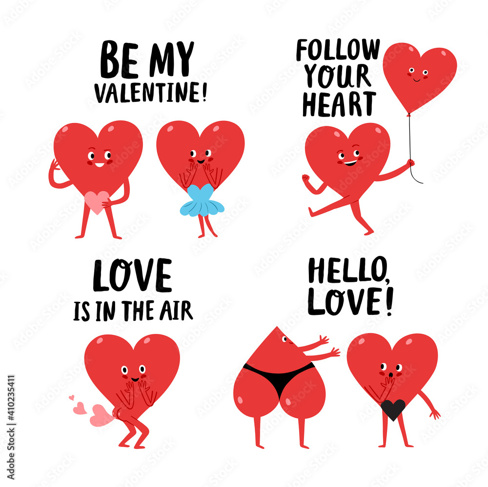Cute funny cartoon hearts set with titles for Valentine's Day Stock Vector  | Adobe Stock